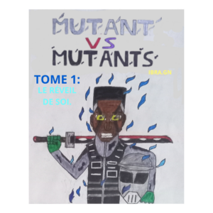 Couverture illustrée du premier tome de la bande dessinée « MUTANT VS MUTANTS : Le Réveil de Soi ». Réalisée à la main par Ibra.GN, cette illustration met en scène un soldat mutant à la peau foncée tenant un katana rouge et noir posé sur ses épaules. Le personnage porte une combinaison grise, un gilet pare-balles noir et des gants verts. Son regard perçant, marqué par des yeux jaunes lumineux, et son expression déterminée soulignent son esprit combatif. Des flammes bleues l’entourent, tandis que des marques noires apparaissent sur son visage, suggérant le début d’une transformation mutante. En haut de l’image figure le titre « MUTANT VS MUTANTS », tandis que la mention « Tome 1 : Le Réveil de Soi » apparaît sur la gauche. L’ensemble évoque un univers de science-fiction et d’action centré sur la découverte de soi, l’éveil de pouvoirs mutants et des affrontements épiques.