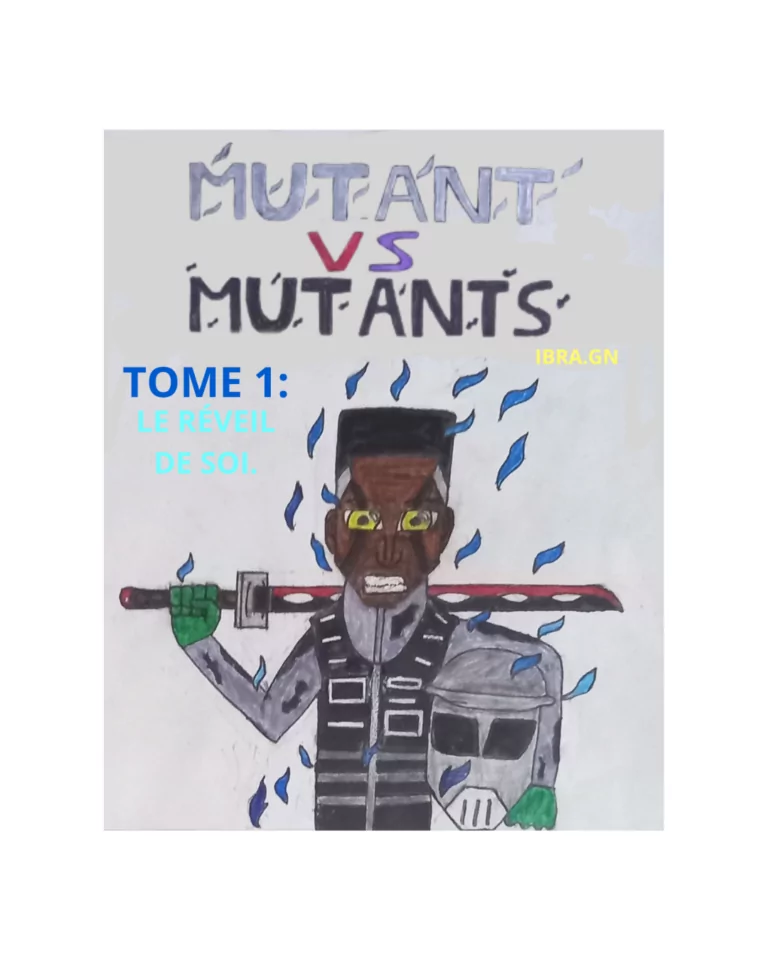 Couverture illustrée du premier tome de la bande dessinée « MUTANT VS MUTANTS : Le Réveil de Soi ». Réalisée à la main par Ibra.GN, cette illustration met en scène un soldat mutant à la peau foncée tenant un katana rouge et noir posé sur ses épaules. Le personnage porte une combinaison grise, un gilet pare-balles noir et des gants verts. Son regard perçant, marqué par des yeux jaunes lumineux, et son expression déterminée soulignent son esprit combatif. Des flammes bleues l’entourent, tandis que des marques noires apparaissent sur son visage, suggérant le début d’une transformation mutante. En haut de l’image figure le titre « MUTANT VS MUTANTS », tandis que la mention « Tome 1 : Le Réveil de Soi » apparaît sur la gauche. L’ensemble évoque un univers de science-fiction et d’action centré sur la découverte de soi, l’éveil de pouvoirs mutants et des affrontements épiques.