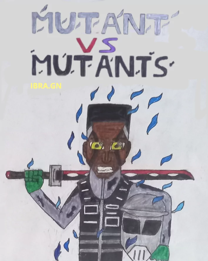 Illustration dessinée à la main représentant un soldat mutant tenant un katana posé sur ses épaules. Le personnage, vêtu d’une combinaison grise et d’un gilet pare-balles noir, affiche un regard intense avec des yeux jaunes lumineux. Des flammes bleues l’entourent, renforçant son apparence atypique et surnaturelle. En haut de l’image figure le titre « MUTANT VS MUTANTS », évoquant un univers de bande dessinée mettant en scène des affrontements entre ce personnage et d’autres mutants.